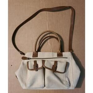 RELIC Satchel Purse Beige Tan CANVAS Brown Trim Detachable Strap Vintage